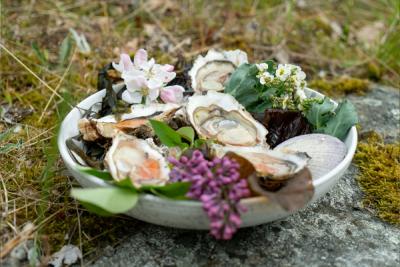 Ostron med jordgubbsponzu & gröna jordgubbar